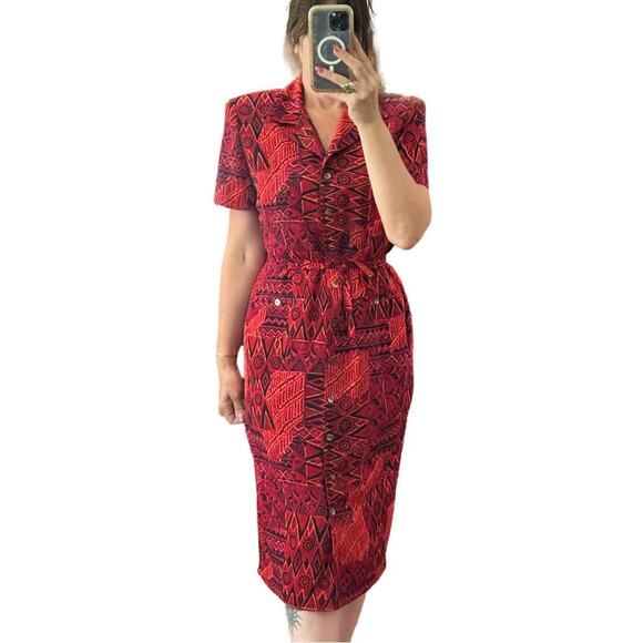 Vintage 90’s Red Abstract Lined Button Up Midi Dress - Picture 1 of 7